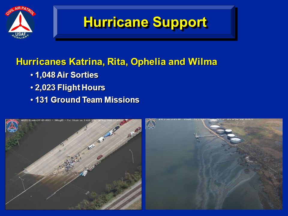 Hurricanes Katrina, Rita, Ophelia and Wilma 1,048 Air Sorties 1,048 Air Sorties 2,023 Flight Hours 2,023 Flight Hours 131 Ground Team Missions 131 Ground Team Missions Hurricane Support