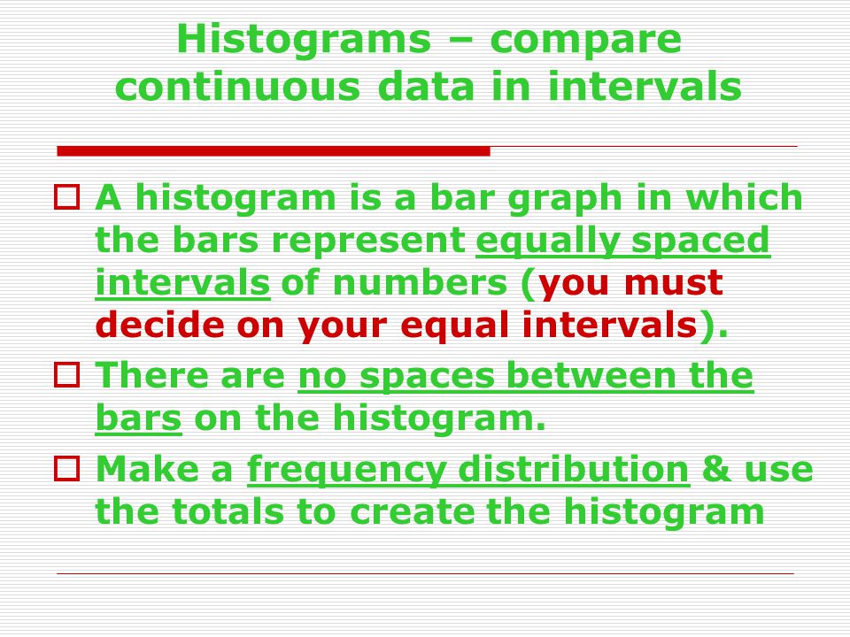 Histograms – compare continuous data in intervals  A histogram is a bar graph in which the bars represent equally spaced intervals of numbers (you must decide on your equal intervals).