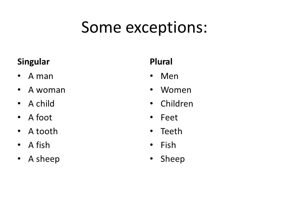 Some exceptions: Singular A man A woman A child A foot A tooth A fish A sheep Plural Men Women Children Feet Teeth Fish Sheep