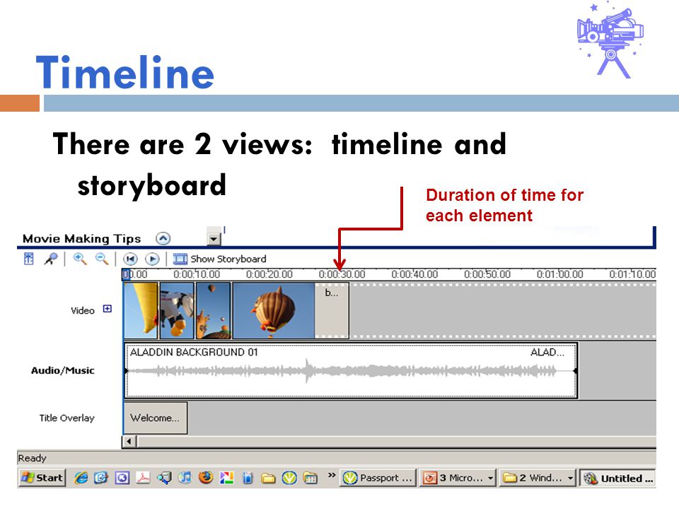 Timeline There are 2 views: timeline and storyboard Duration of time for each element