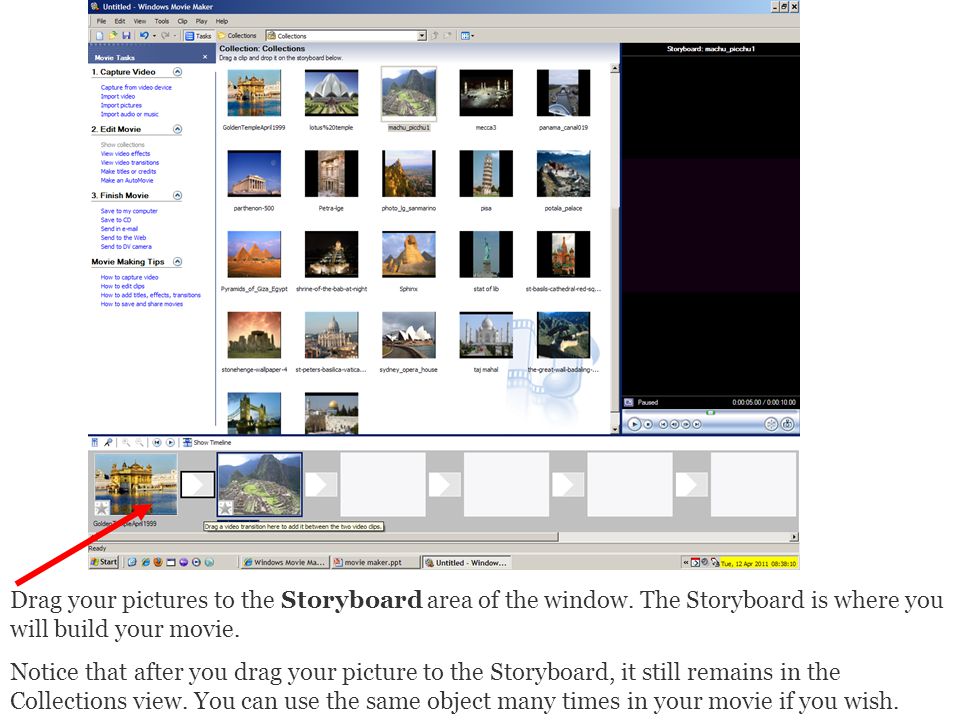 Drag your pictures to the Storyboard area of the window.