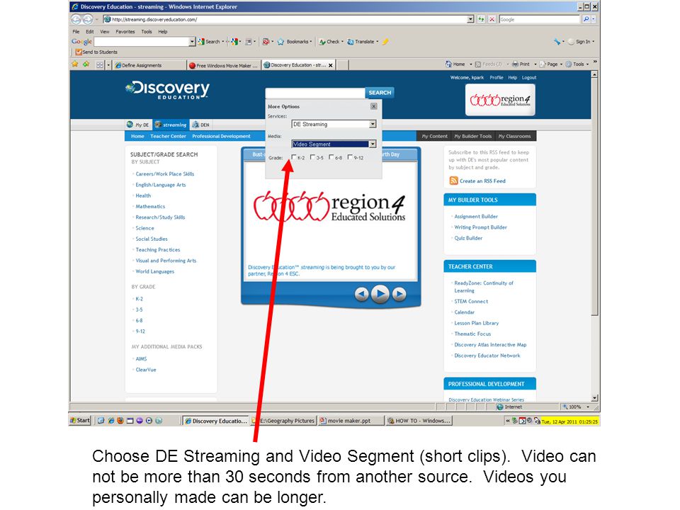 Choose DE Streaming and Video Segment (short clips).