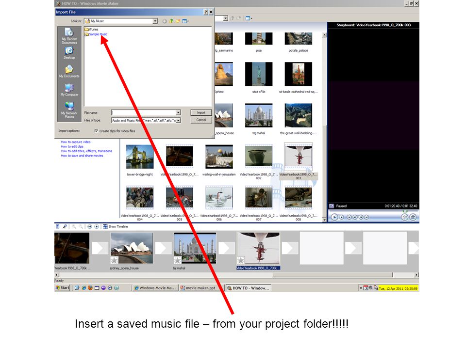 Insert a saved music file – from your project folder!!!!!