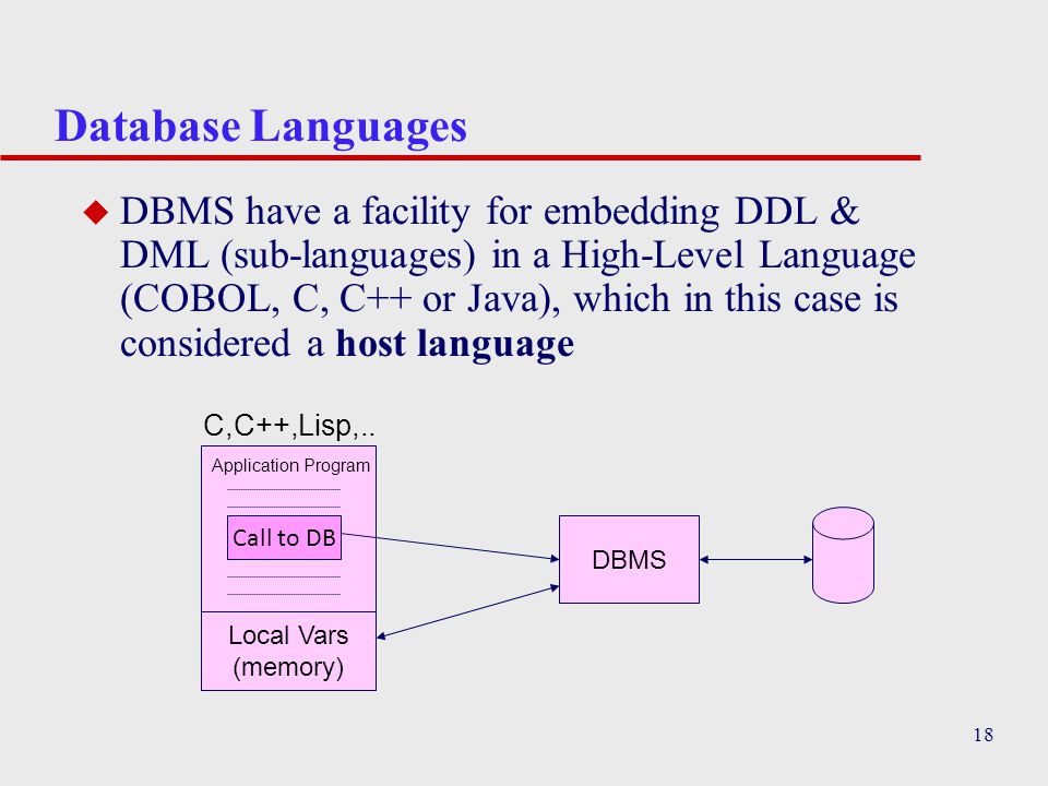 18 Database Languages u DBMS have a facility for embedding DDL & DML (sub-languages) in a High-Level Language (COBOL, C, C++ or Java), which in this case is considered a host language DBMS Call to DB C,C++,Lisp,..