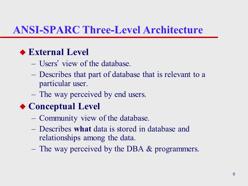 6 u External Level –Users’ view of the database.