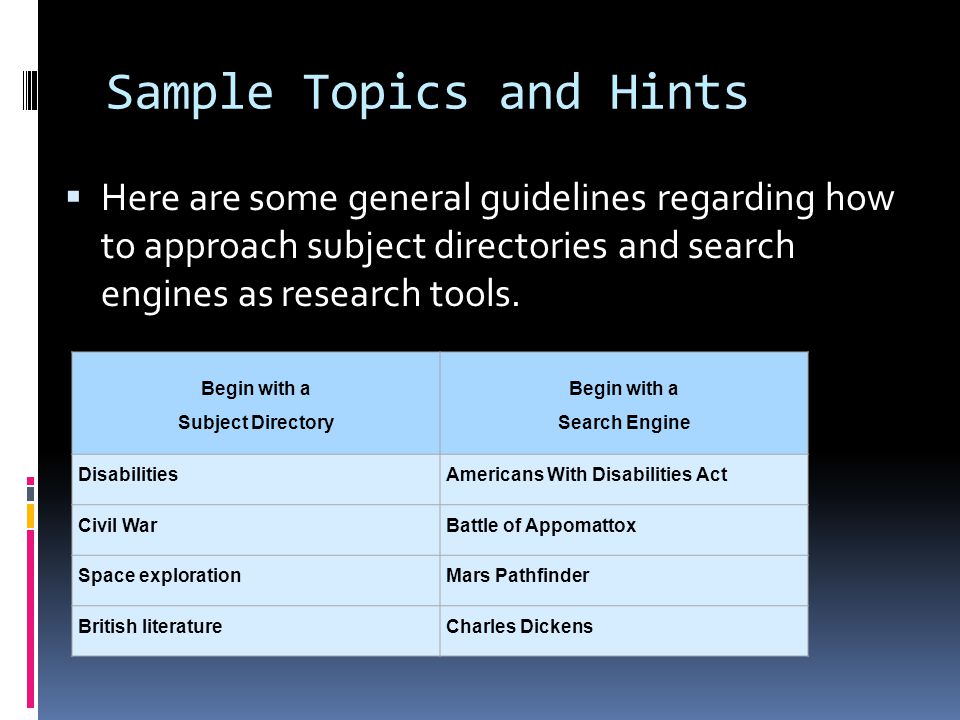 Sample Topics and Hints  Here are some general guidelines regarding how to approach subject directories and search engines as research tools.