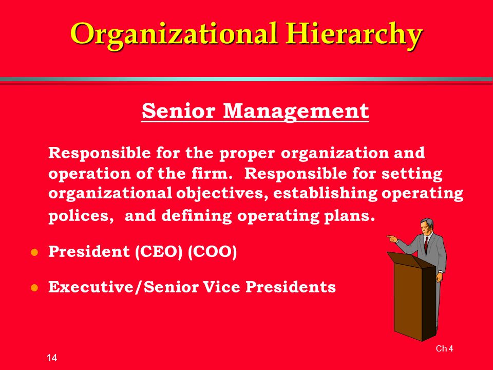 Ch 4 14 Senior Management Responsible for the proper organization and operation of the firm.