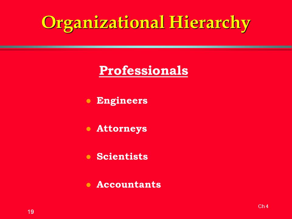 Ch 4 19 Professionals l Engineers l Attorneys l Scientists l Accountants Organizational Hierarchy