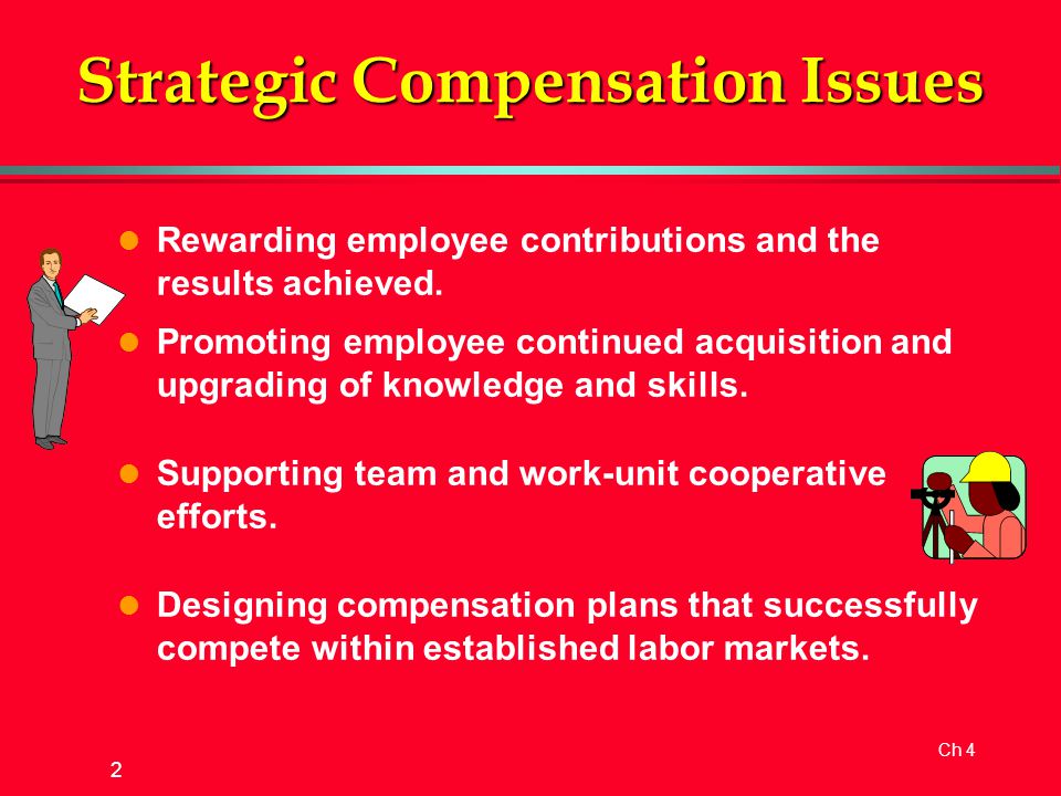 Ch 4 2 Strategic Compensation Issues l Rewarding employee contributions and the results achieved.