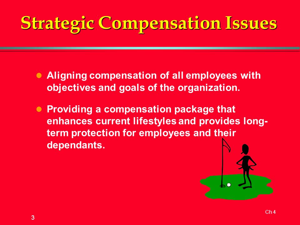 Ch 4 3 Strategic Compensation Issues l Aligning compensation of all employees with objectives and goals of the organization.