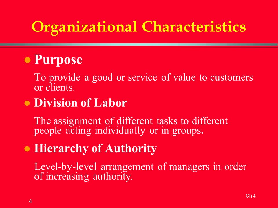 Ch 4 4 Organizational Characteristics l Purpose To provide a good or service of value to customers or clients.