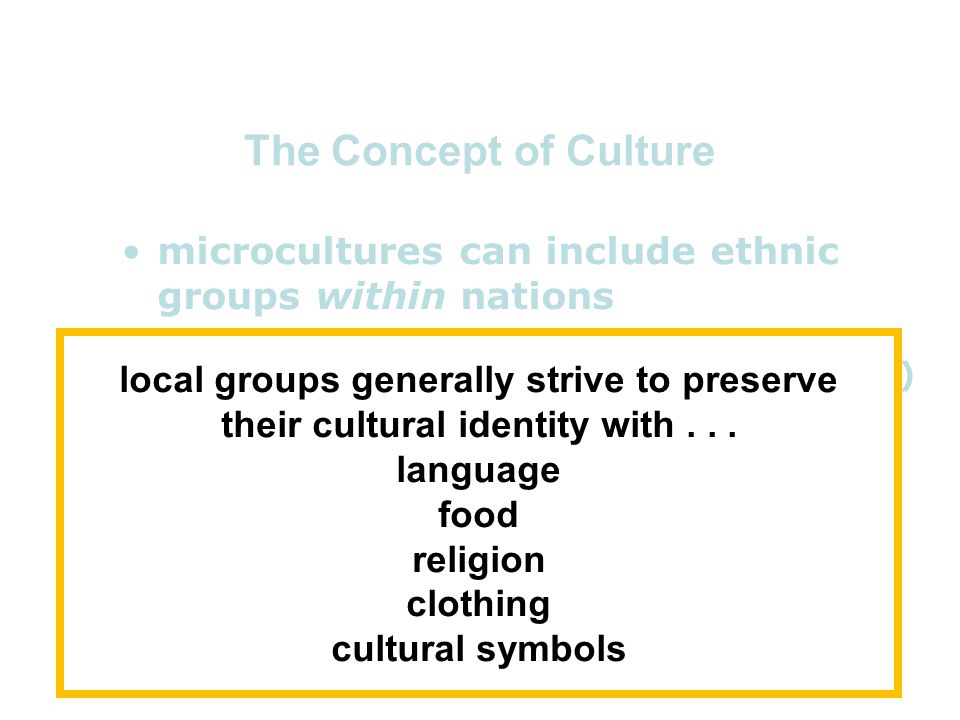The Concept of Culture microcultures can include ethnic groups within nations – e.g., Anishinabe (Chippewa; Ojibwa) – e.g., Irish Travellers sometimes incorrectly called Gypsies –e.g., Rom (Gypsies) –e.g., Basques – e.g., Kurds – e.g., Australian Aboriginals local groups generally strive to preserve their cultural identity with...