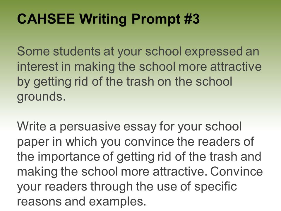 CAHSEE Writing Prompt #3 Some students at your school expressed an interest in making the school more attractive by getting rid of the trash on the school grounds.