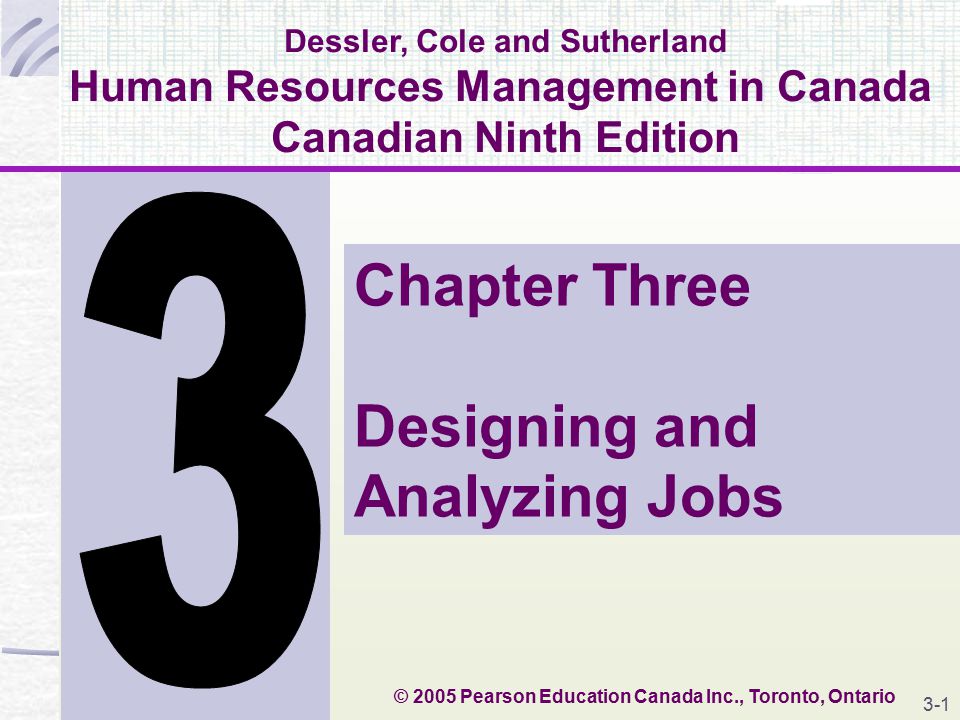 Dessler, Cole and Sutherland Human Resources Management in Canada Canadian Ninth Edition Chapter Three Designing and Analyzing Jobs © 2005 Pearson Education Canada Inc., Toronto, Ontario 3-1