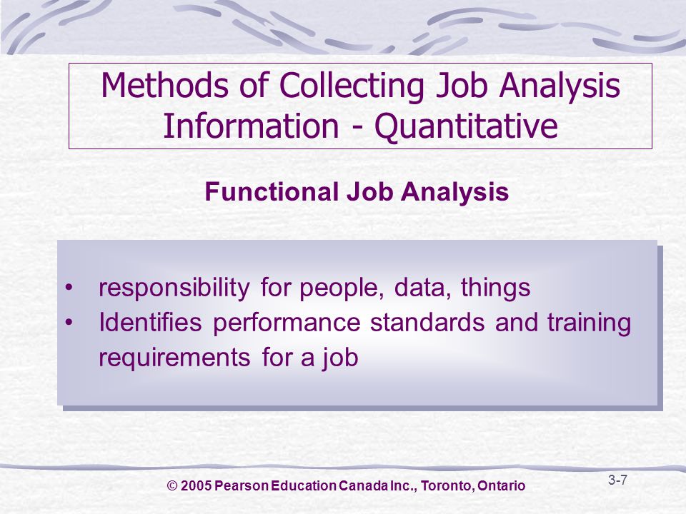 3-7 Methods of Collecting Job Analysis Information - Quantitative responsibility for people, data, things Identifies performance standards and training requirements for a job responsibility for people, data, things Identifies performance standards and training requirements for a job Functional Job Analysis © 2005 Pearson Education Canada Inc., Toronto, Ontario
