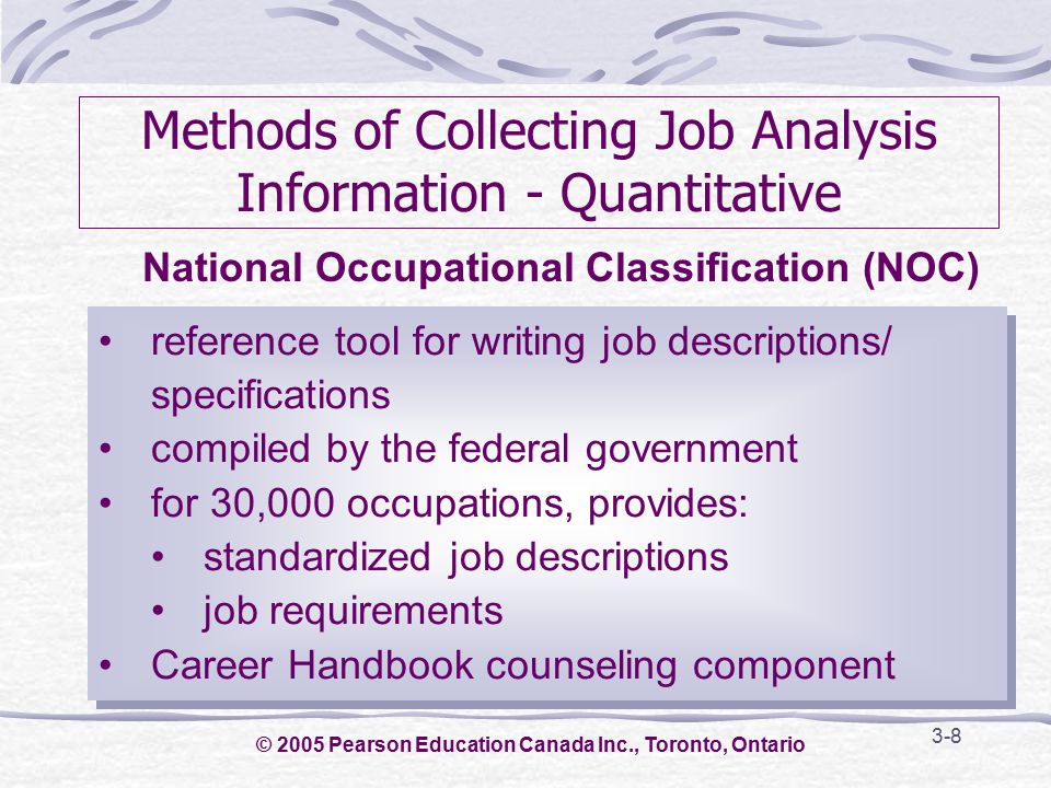 3-8 Methods of Collecting Job Analysis Information - Quantitative reference tool for writing job descriptions/ specifications compiled by the federal government for 30,000 occupations, provides: standardized job descriptions job requirements Career Handbook counseling component reference tool for writing job descriptions/ specifications compiled by the federal government for 30,000 occupations, provides: standardized job descriptions job requirements Career Handbook counseling component National Occupational Classification (NOC) © 2005 Pearson Education Canada Inc., Toronto, Ontario