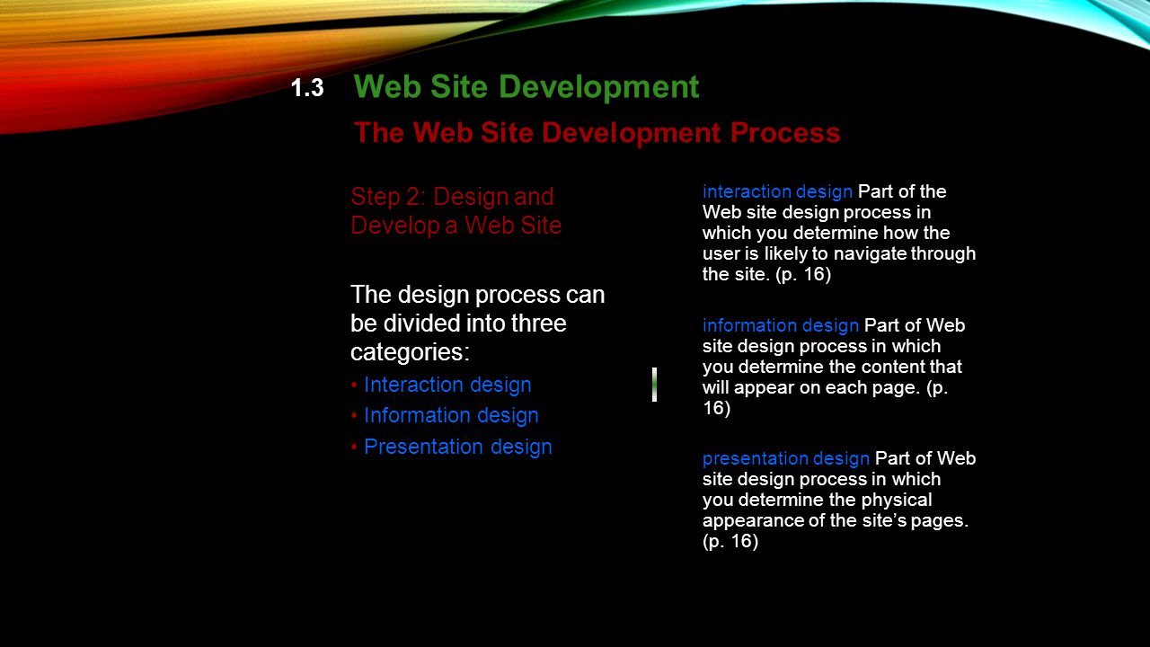 1.3 Web Site Development The Web Site Development Process Step 2: Design and Develop a Web Site The design process can be divided into three categories: Interaction design Information design Presentation design interaction design Part of the Web site design process in which you determine how the user is likely to navigate through the site.