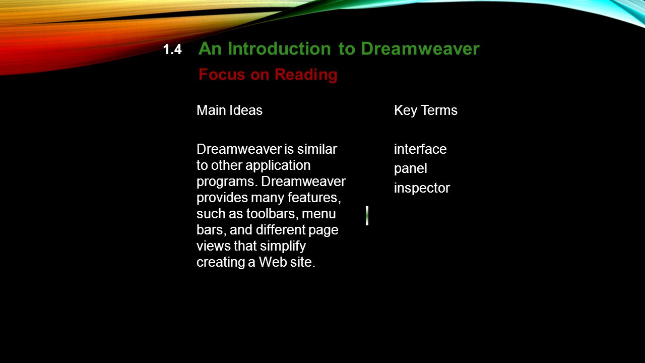 pp Focus on Reading Main Ideas Dreamweaver is similar to other application programs.