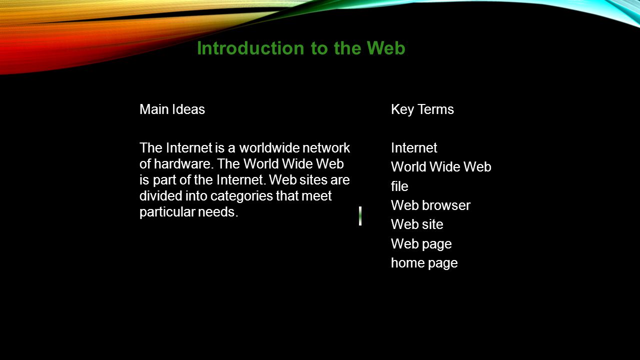 Introduction to the Web Main Ideas The Internet is a worldwide network of hardware.