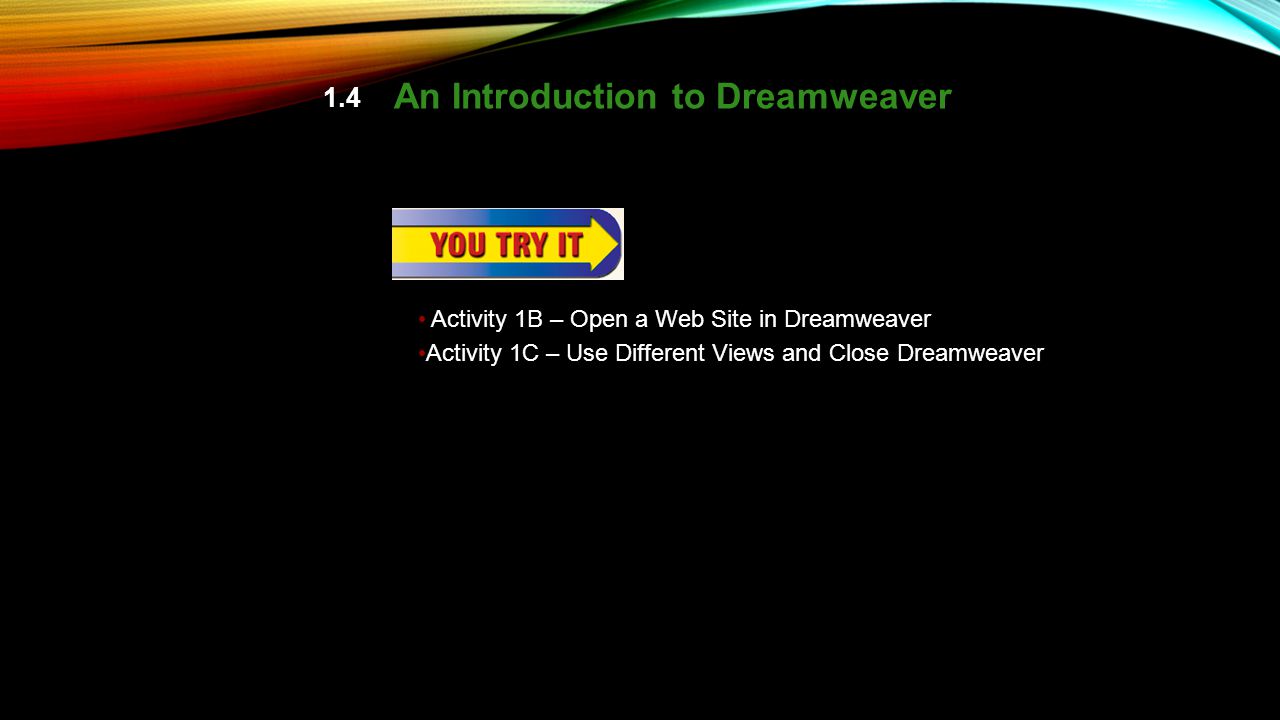 1.4 An Introduction to Dreamweaver Activity 1B – Open a Web Site in Dreamweaver Activity 1C – Use Different Views and Close Dreamweaver pp.
