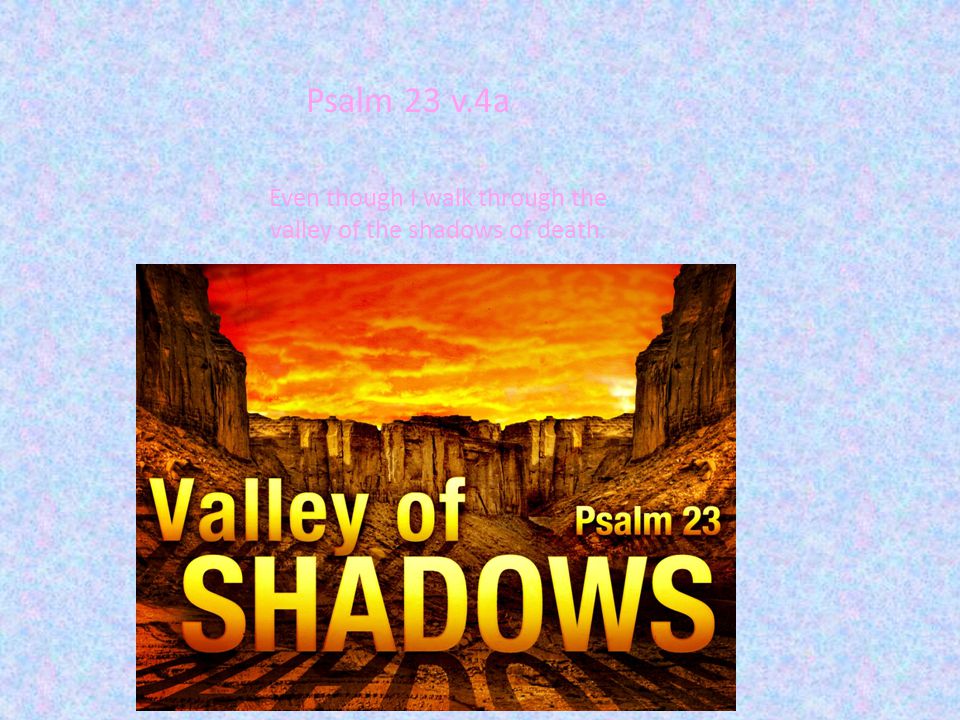 Even though I walk through the valley of the shadows of death. Psalm 23 v.4a