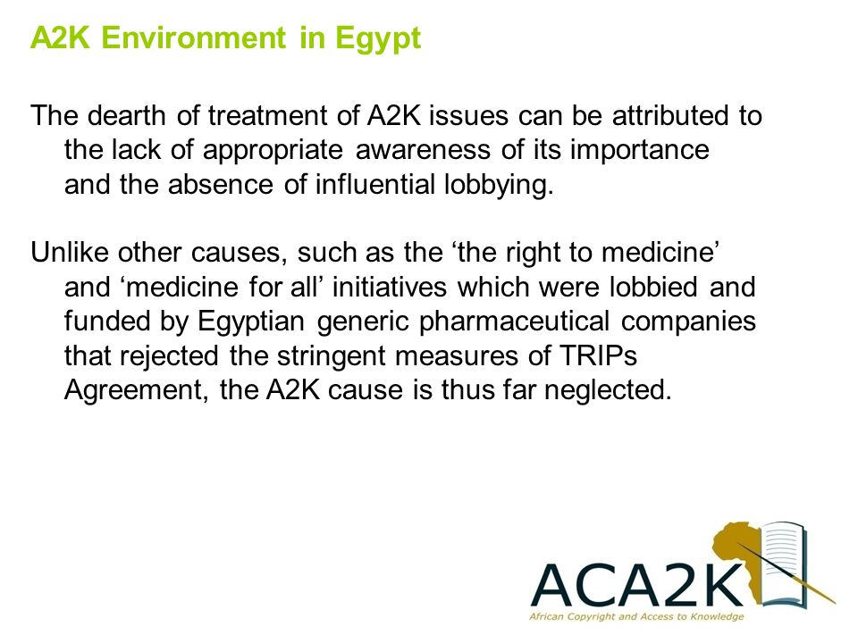 A2K Environment in Egypt The dearth of treatment of A2K issues can be attributed to the lack of appropriate awareness of its importance and the absence of influential lobbying.