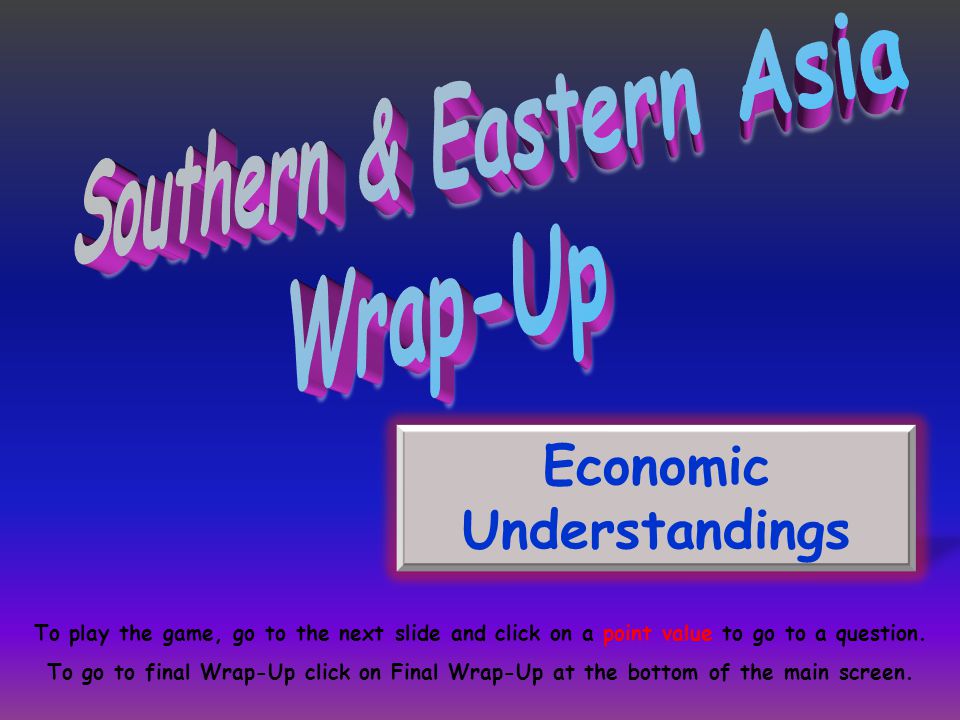 Economic Understandings To play the game, go to the next slide and click on a point value to go to a question.