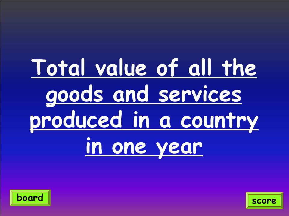 Total value of all the goods and services produced in a country in one year score board