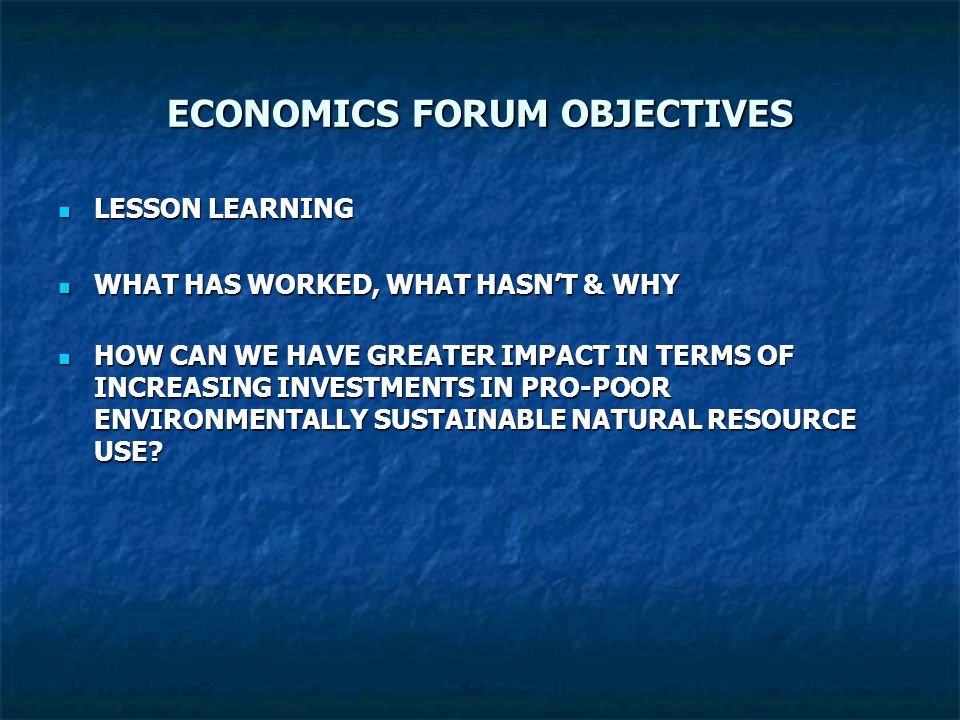 ECONOMICS FORUM OBJECTIVES LESSON LEARNING LESSON LEARNING WHAT HAS WORKED, WHAT HASN’T & WHY WHAT HAS WORKED, WHAT HASN’T & WHY HOW CAN WE HAVE GREATER IMPACT IN TERMS OF INCREASING INVESTMENTS IN PRO-POOR ENVIRONMENTALLY SUSTAINABLE NATURAL RESOURCE USE.