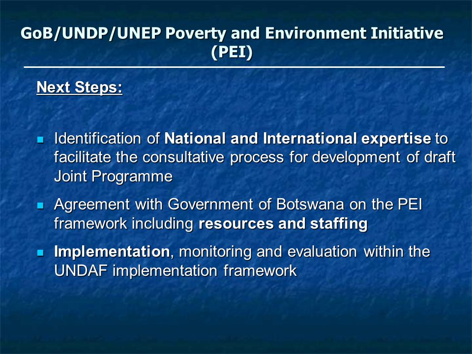 GoB/UNDP/UNEP Poverty and Environment Initiative (PEI) Next Steps: Identification of National and International expertise to facilitate the consultative process for development of draft Joint Programme Identification of National and International expertise to facilitate the consultative process for development of draft Joint Programme Agreement with Government of Botswana on the PEI framework including resources and staffing Agreement with Government of Botswana on the PEI framework including resources and staffing Implementation, monitoring and evaluation within the UNDAF implementation framework Implementation, monitoring and evaluation within the UNDAF implementation framework