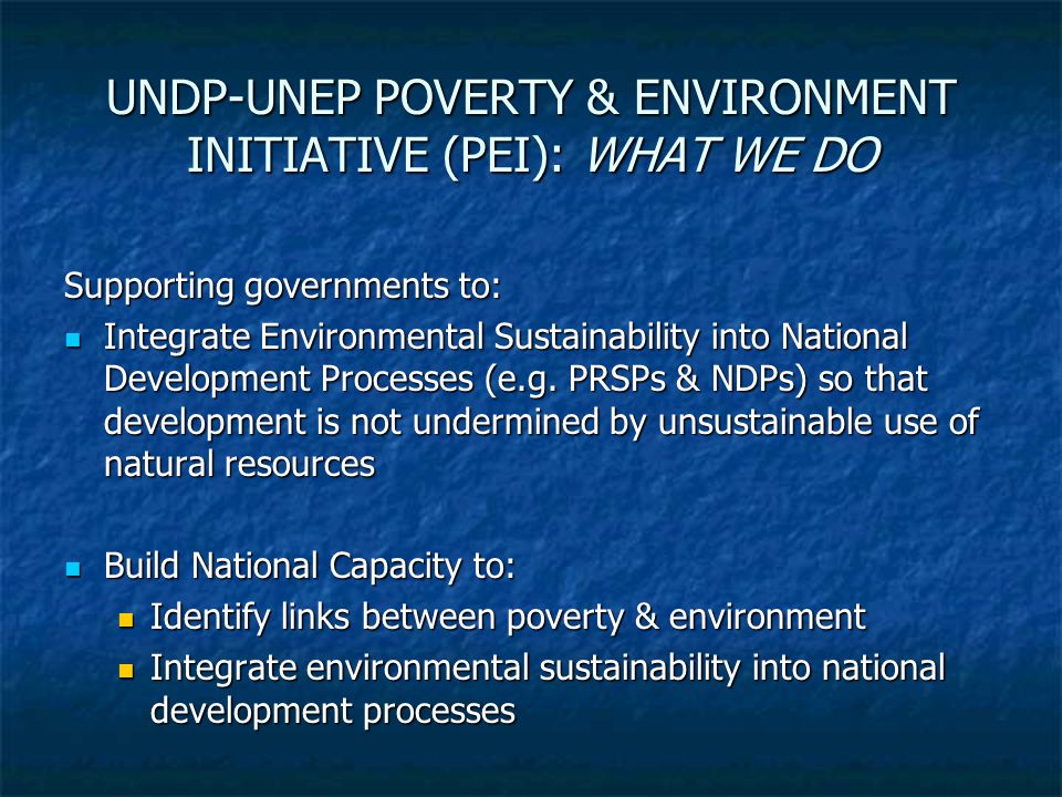UNDP-UNEP POVERTY & ENVIRONMENT INITIATIVE (PEI): WHAT WE DO Supporting governments to: Integrate Environmental Sustainability into National Development Processes (e.g.