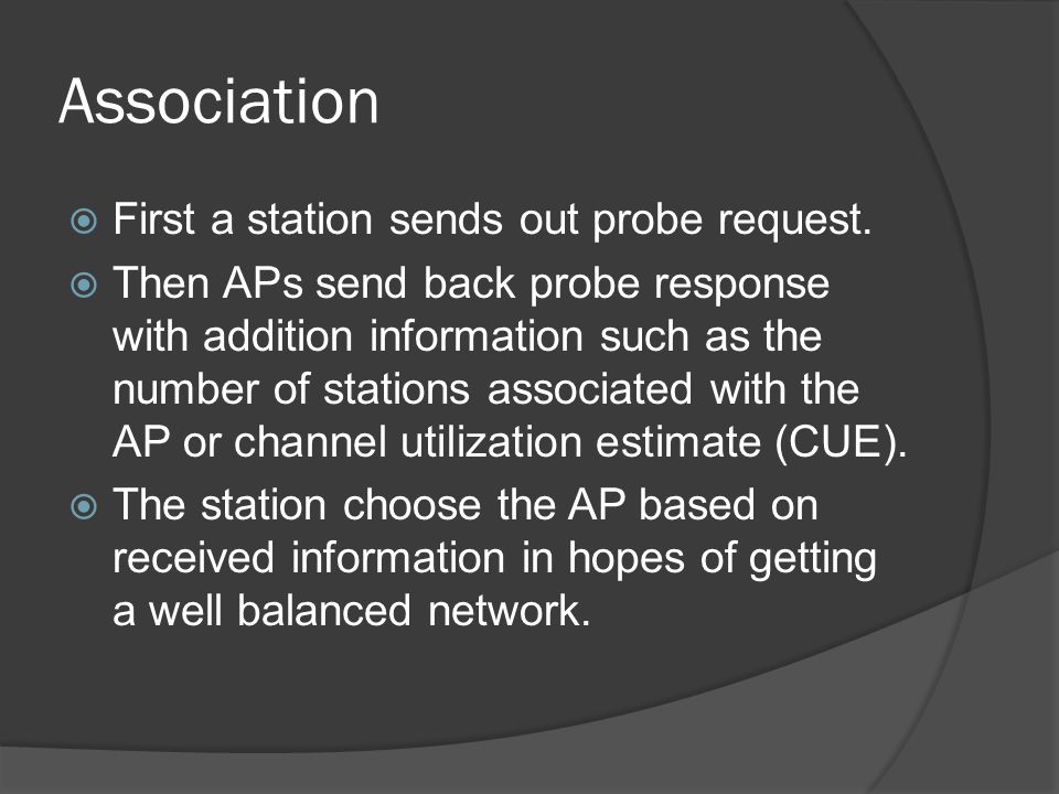 Association  First a station sends out probe request.