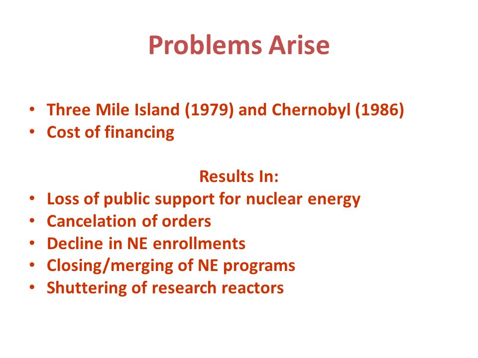 Problems Arise Three Mile Island (1979) and Chernobyl (1986) Cost of financing Results In: Loss of public support for nuclear energy Cancelation of orders Decline in NE enrollments Closing/merging of NE programs Shuttering of research reactors