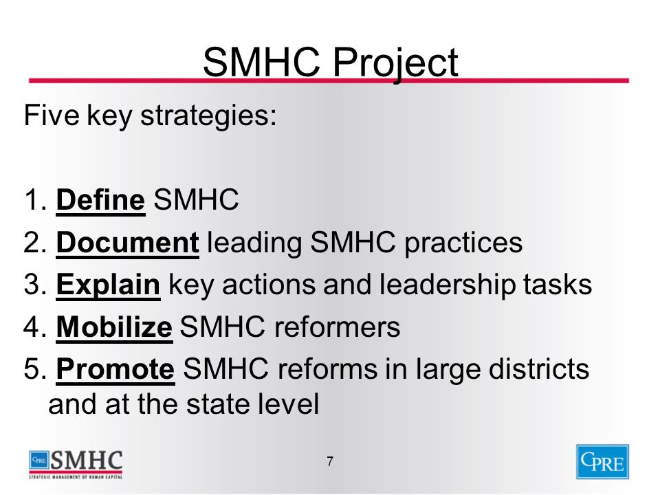 7 SMHC Project Five key strategies: 1. Define SMHC 2.