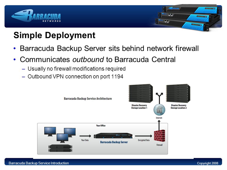 Simple Deployment Barracuda Backup Server sits behind network firewall Communicates outbound to Barracuda Central –Usually no firewall modifications required –Outbound VPN connection on port 1194 Copyright 2008 Barracuda Backup Service Introduction