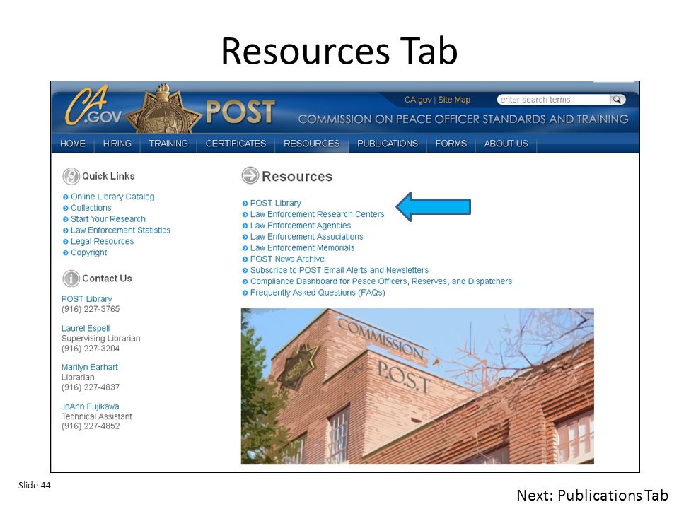 Resources Tab Slide 44 Next: Publications Tab
