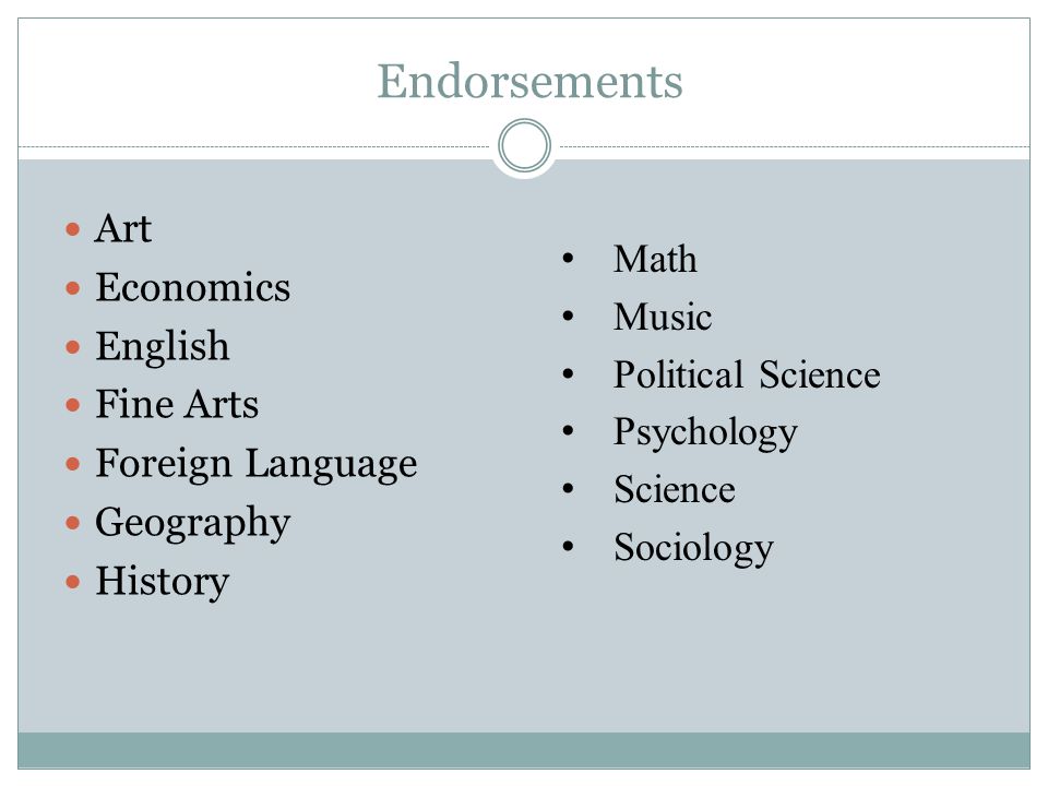 Endorsements Art Economics English Fine Arts Foreign Language Geography History Math Music Political Science Psychology Science Sociology