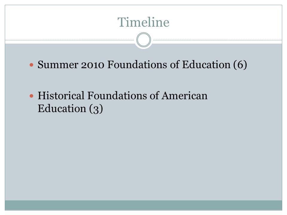 Timeline Summer 2010 Foundations of Education (6) Historical Foundations of American Education (3)