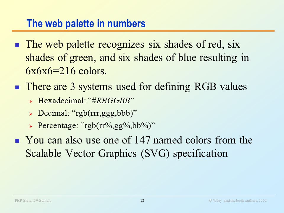 _______________________________________________________________________________________________________________ PHP Bible, 2 nd Edition12  Wiley and the book authors, 2002 The web palette in numbers The web palette recognizes six shades of red, six shades of green, and six shades of blue resulting in 6x6x6=216 colors.