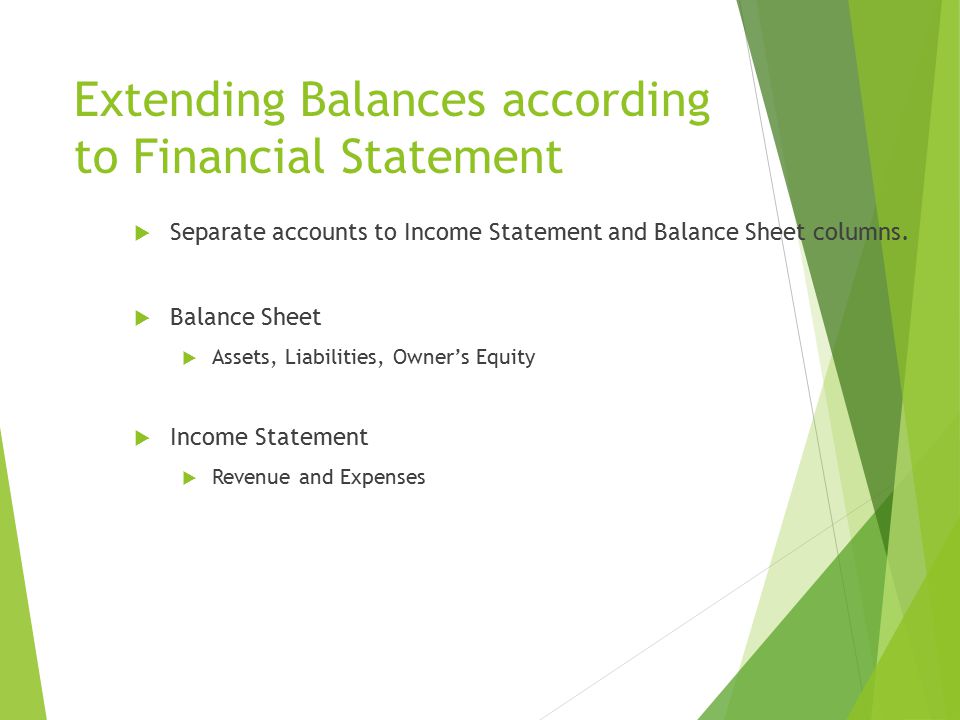 Extending Balances according to Financial Statement  Separate accounts to Income Statement and Balance Sheet columns.