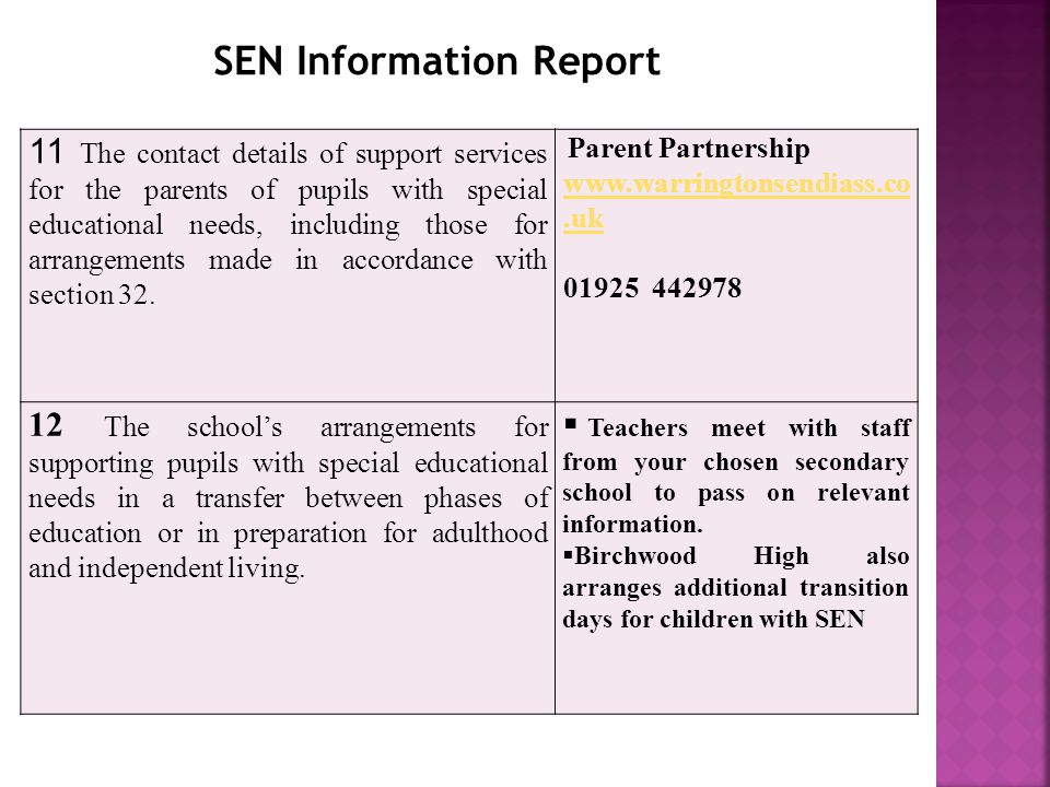 11 The contact details of support services for the parents of pupils with special educational needs, including those for arrangements made in accordance with section 32.