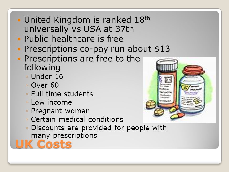 UK Costs United Kingdom is ranked 18 th universally vs USA at 37th Public healthcare is free Prescriptions co-pay run about $13 Prescriptions are free to the following ◦Under 16 ◦Over 60 ◦Full time students ◦Low income ◦Pregnant woman ◦Certain medical conditions ◦Discounts are provided for people with many prescriptions