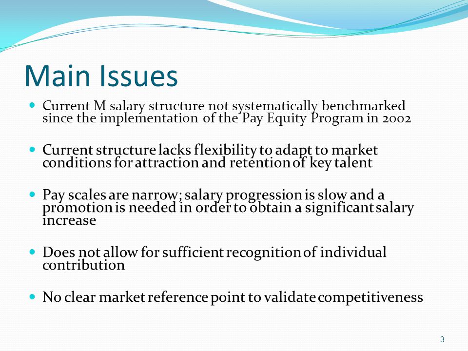 Current M salary structure not systematically benchmarked since the implementation of the Pay Equity Program in 2002 Current structure lacks flexibility to adapt to market conditions for attraction and retention of key talent Pay scales are narrow; salary progression is slow and a promotion is needed in order to obtain a significant salary increase Does not allow for sufficient recognition of individual contribution No clear market reference point to validate competitiveness 3