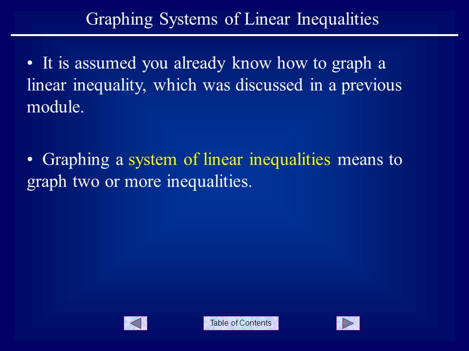 Table of Contents Graphing Systems of Linear Inequalities It is assumed you already know how to graph a linear inequality, which was discussed in a previous module.