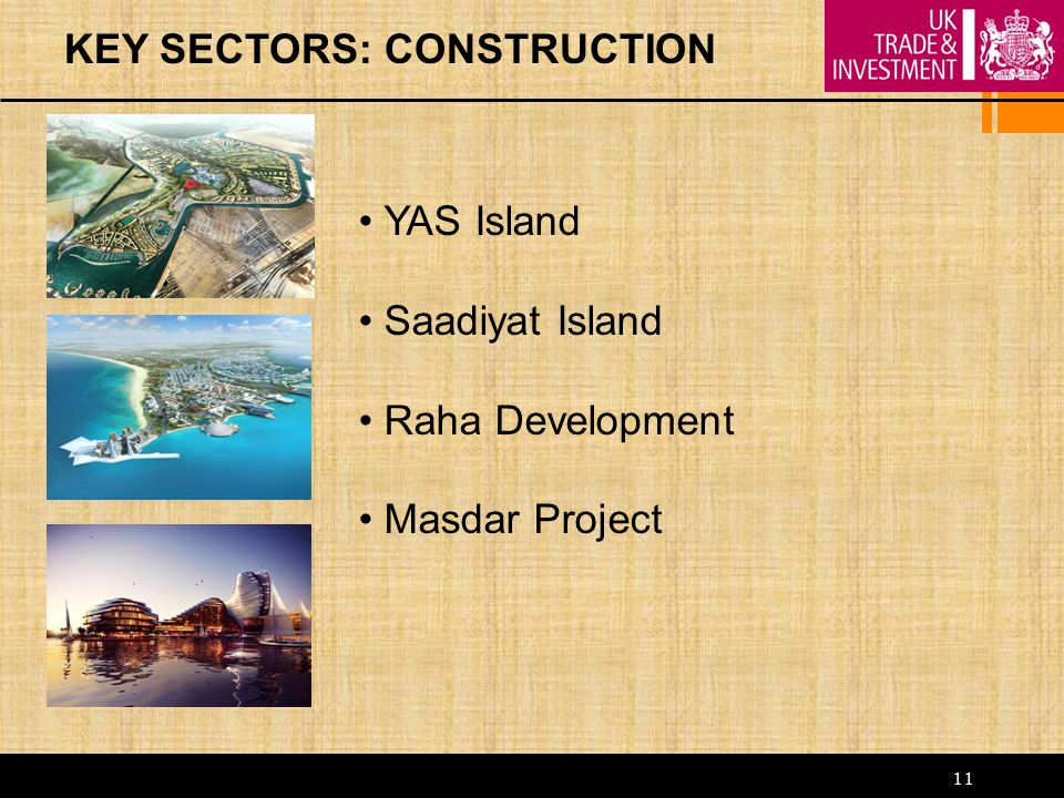 11 KEY SECTORS: CONSTRUCTION YAS Island Saadiyat Island Raha Development Masdar Project