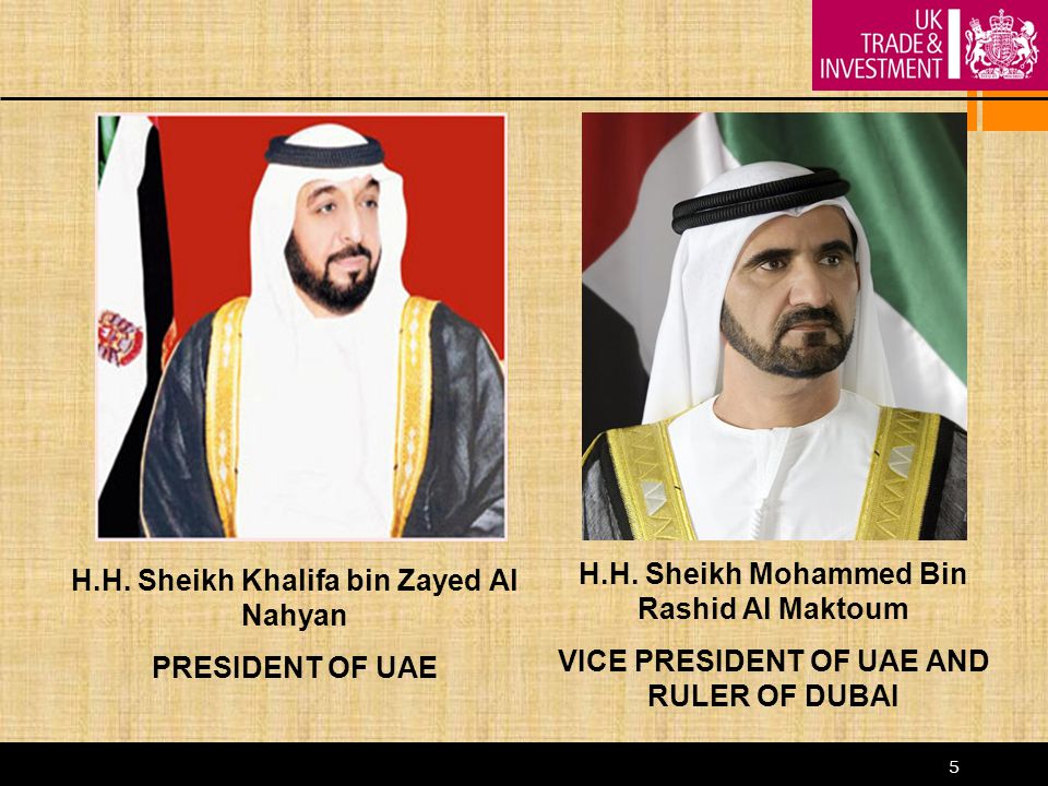 5 H.H. Sheikh Mohammed Bin Rashid Al Maktoum VICE PRESIDENT OF UAE AND RULER OF DUBAI H.H.