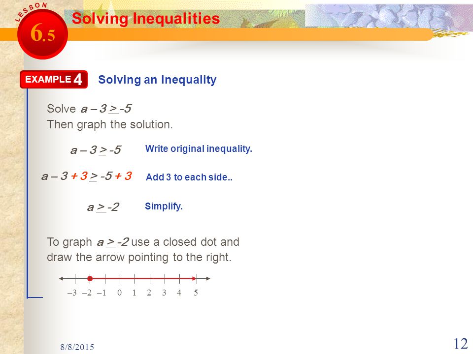 8/8/ Solving Inequalities Solving an Inequality EXAMPLE 4 Solve a – 3 > -5 a – 3 > -5 Add 3 to each side..