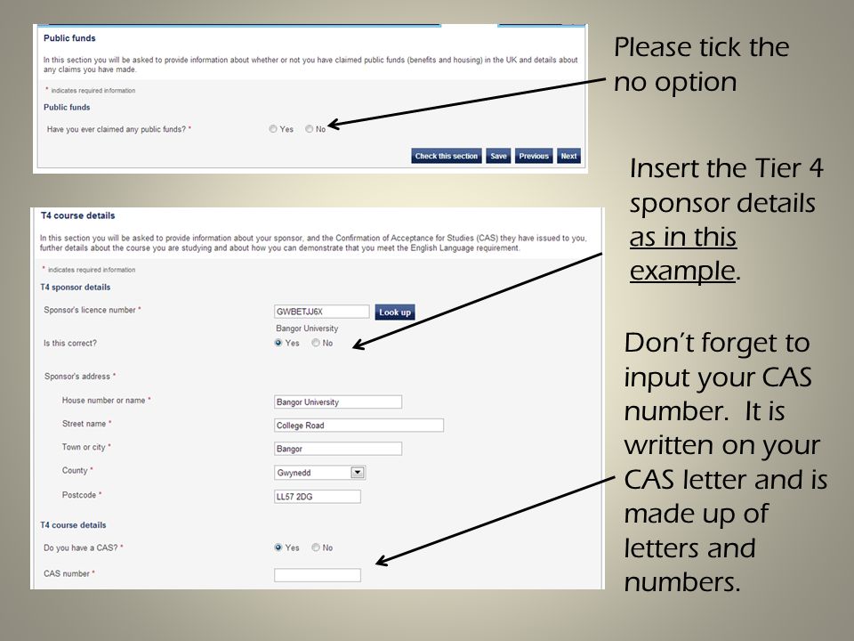 Please tick the no option Insert the Tier 4 sponsor details as in this example.
