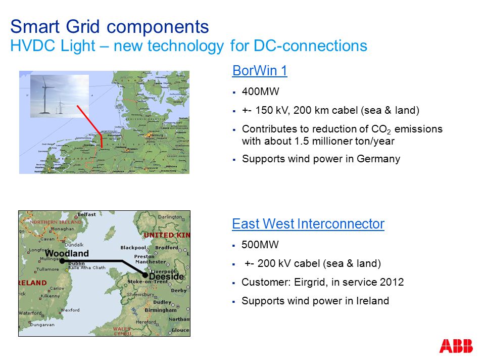 Smart Grid components HVDC Light – new technology for DC-connections East West Interconnector  500MW  kV cabel (sea & land)  Customer: Eirgrid, in service 2012  Supports wind power in Ireland BorWin 1  400MW  kV, 200 km cabel (sea & land)  Contributes to reduction of CO 2 emissions with about 1.5 millioner ton/year  Supports wind power in Germany