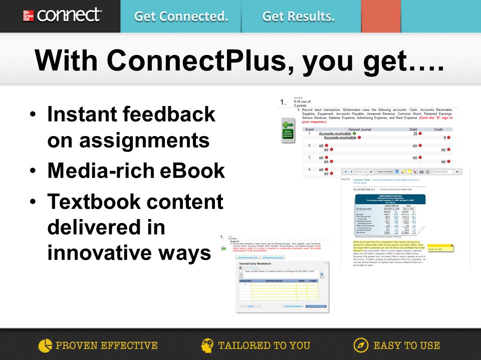 Instant feedback on assignments Media-rich eBook Textbook content delivered in innovative ways With ConnectPlus, you get….
